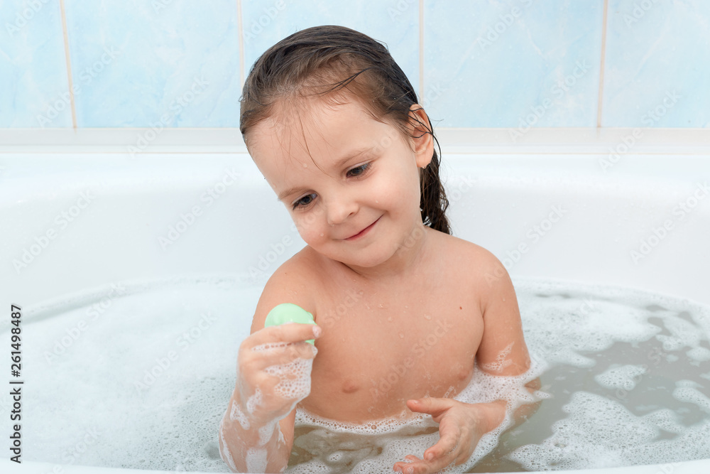 Kids Taking Bubble Bath Child Bathing Bathtub Little Girl Playing