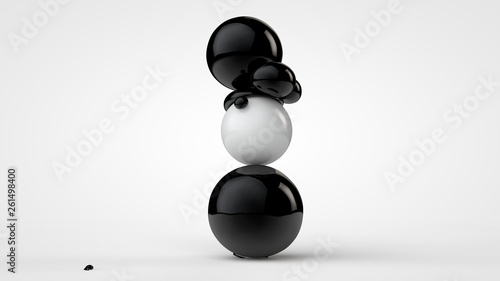 Fototapeta Naklejka Na Ścianę i Meble -  3D illustration of black deformed balls around white ball, isolated image on white background. Unusual figures, abstraction. 3D rendering