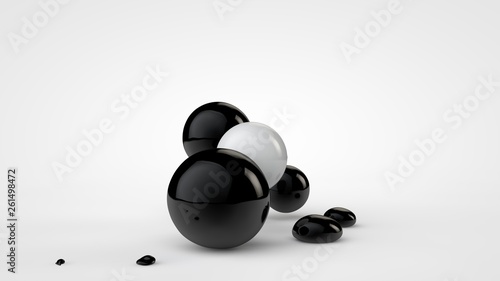 3D illustration of black deformed balls around white ball, isolated image on white background. Unusual figures, abstraction. 3D rendering