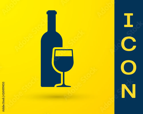 Blue Wine bottle with wine glass icon isolated on yellow background. Vector Illustration