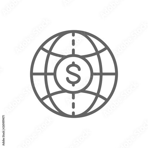 World with coin, global cash, money transfers, currency line icon.