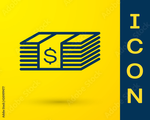 Blue Paper money american dollars cash icon isolated on yellow background. Money banknotes stack with dollar icon. Bill currency. Vector Illustration