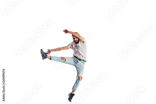 Man performer is doing breakdance