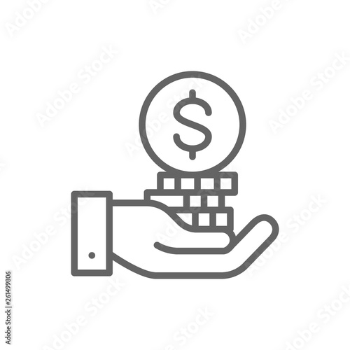 Hand with coin pile, save money, invest line icon.