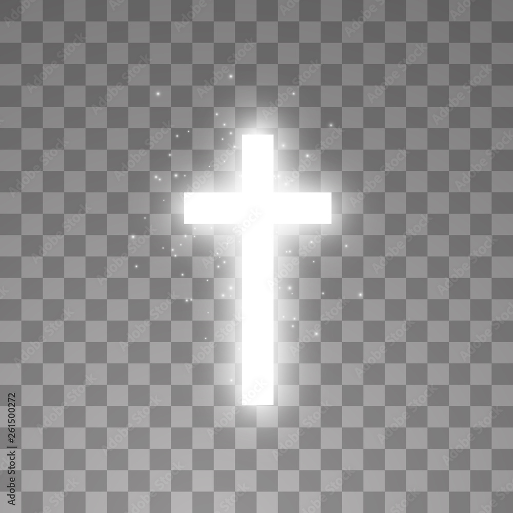 Shining white cross on transparent background. Glowing saint cross. Vector illustration - obrazy, fototapety, plakaty 