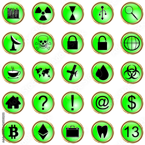 set of icons with reflection on a green background. vector illustration.