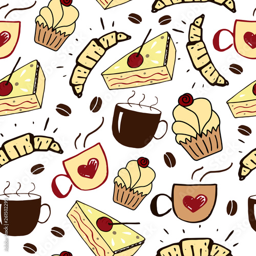 Seamless pattern with cups, cakes and croissants.