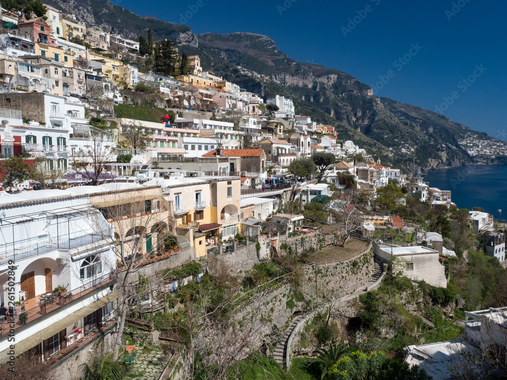 Positano Village. Beautiful morning scenery. Summer vacation in Italy. Beautiful Campania.A sunny day in Positano. The best beaches of Italy. April, 2019