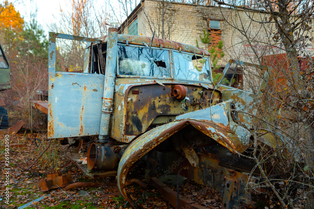 Abandoned truck left outside at Chernobyl Fire station