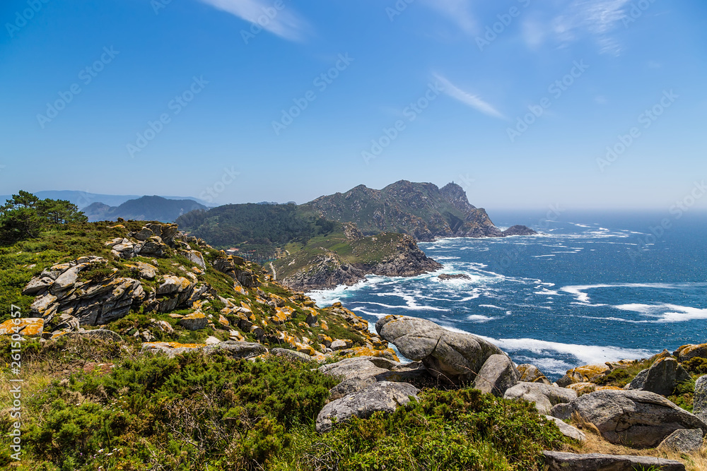 Cies Islands, Spain. Magnificent view of the coast washed by the sea