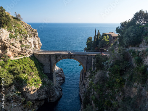 The arched bridge and the fjord at Fiordo di Furore on the Amalfi coast, Italy. April, 2019
