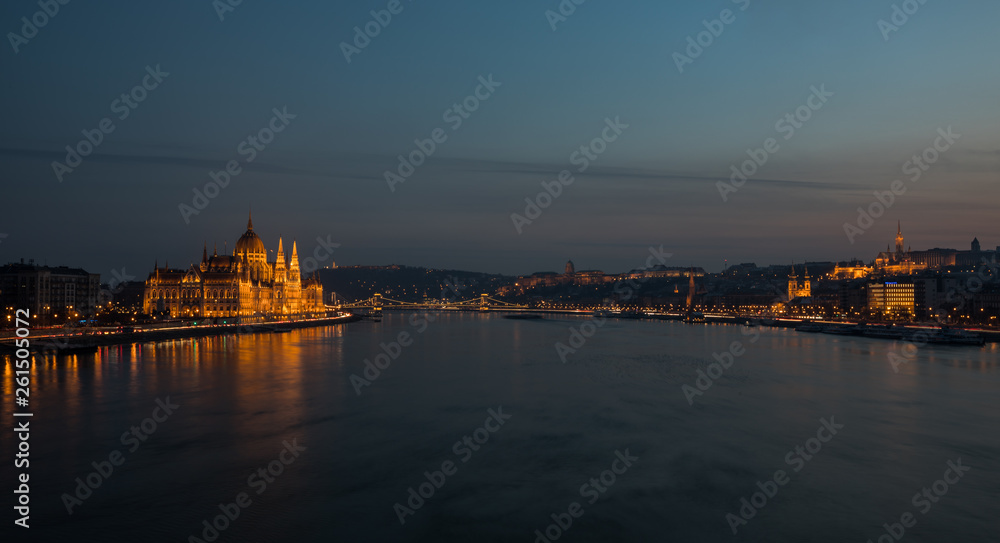 A view of Hungarian Parliament building at night