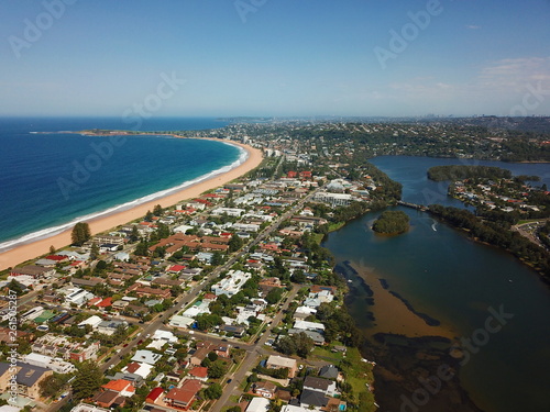 Aerial view of Narrabeen Lake  Narrabeen Beach  Collaroy Beach and Long Reef Head. Sydney CBD in the background.