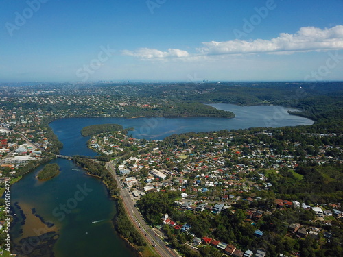 Aerial view of Narrabeen Lake. Sydney CBD in the background. © katacarix