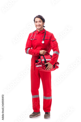 фотографія Young paramedic in red uniform isolated on white