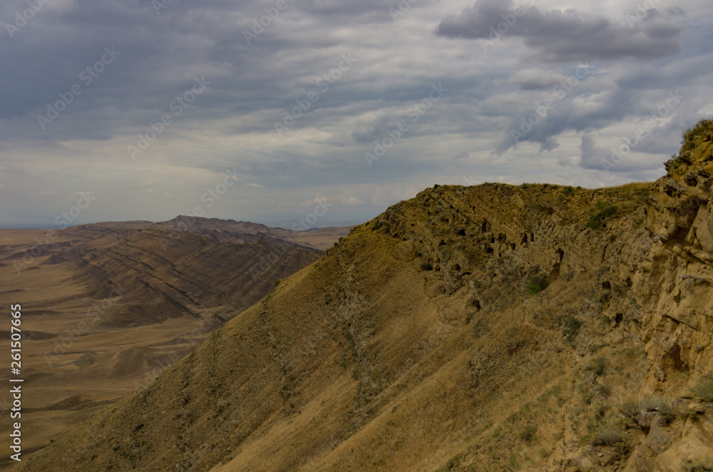 View on the semi-desert and steppe slopes of Gareja Mountain, near to David Gareja Monastery in Georgia