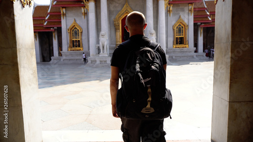 Tourist Exploring Marble Temple (Wat Benchamabophit) in Bangkok, Thailand
