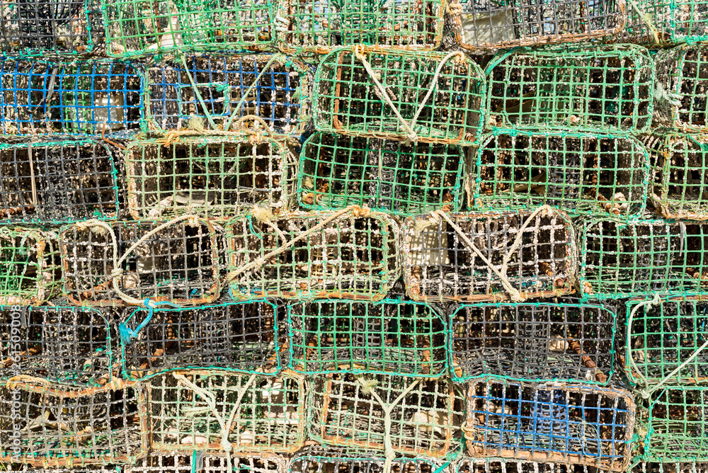 Stack of commercial prawn creels in the fishing port of Lagos
