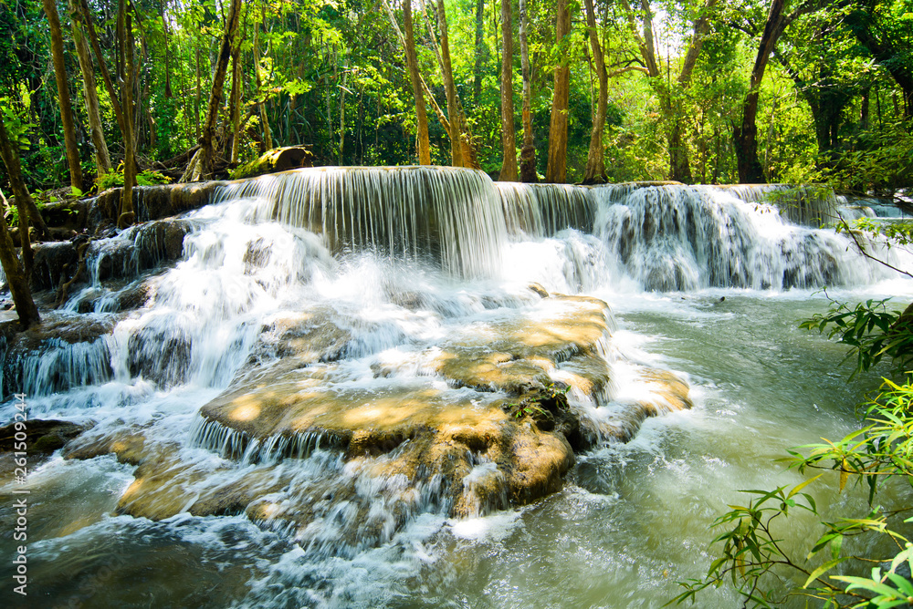 Obraz premium Huai Mae Khamin waterfall at Kanchanaburi , Thailand , beautiful waterfall, forest,