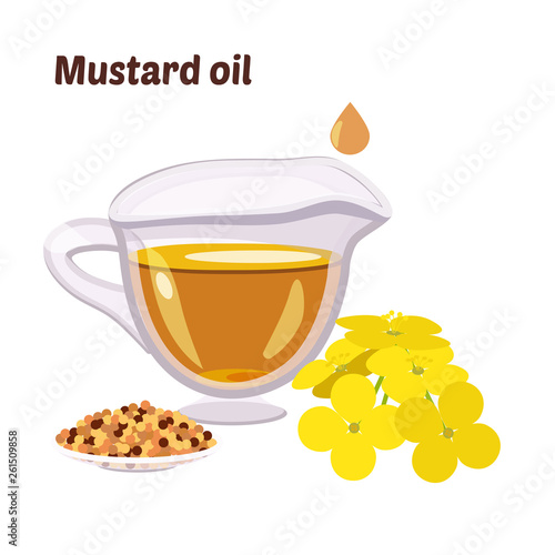 Mustard oil in a round bottle. Transparent edible liquid from natural, vegetable, natural organic wholesome oil. Cartoon flat style for any web design.