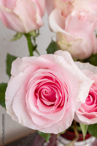 A beautiful bouquet of fresh pink roses in an expensive vase