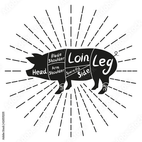 American cuts of pork (US). Vector illustration. Black silhouette.