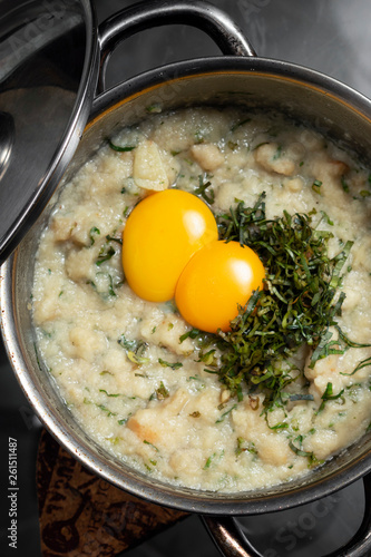 acorda de marisco portuguese traditional seafood  bread and egg stew photo