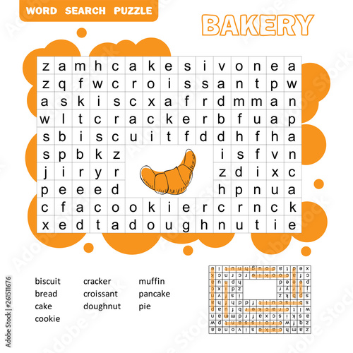 Search words game. Educational children activity with sweets and bakery products. Cartoon Illustration of Preschool Education Activity with answer