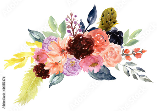 Fotografija Watercolor vintage floral rose sunflower peony Gerbera and abstact flower or lea