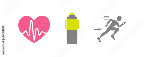 Vector set of running sport icons - jogging person, beating heart with pusle, bottle of isotonic or water - for sport team, runner club, triathlon marathon for logo, icon, poster, banner, sport event