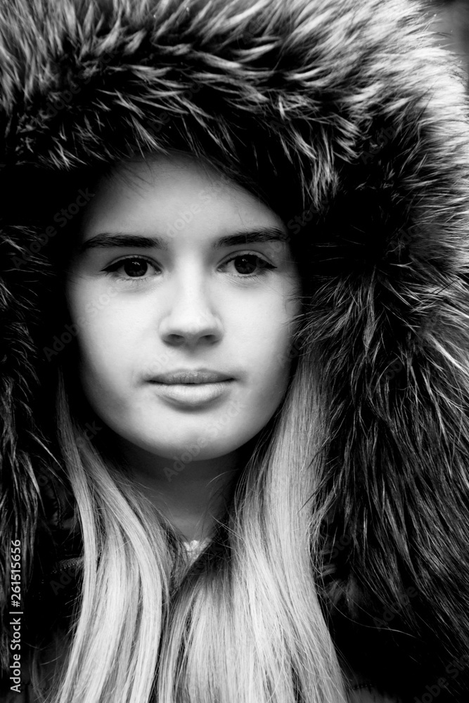 Girl in fur coat BW