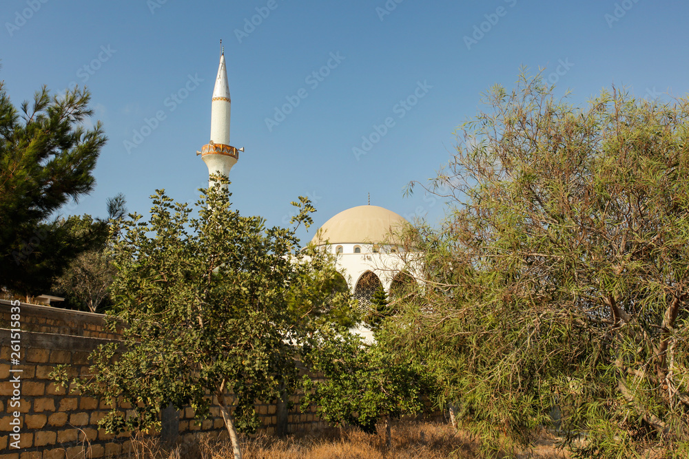 Tower and dome of mosque behind trees, blue clear sky above, at Rizorkarpaso - city in Northern Cyprus known for Muslims and Christians living in peace