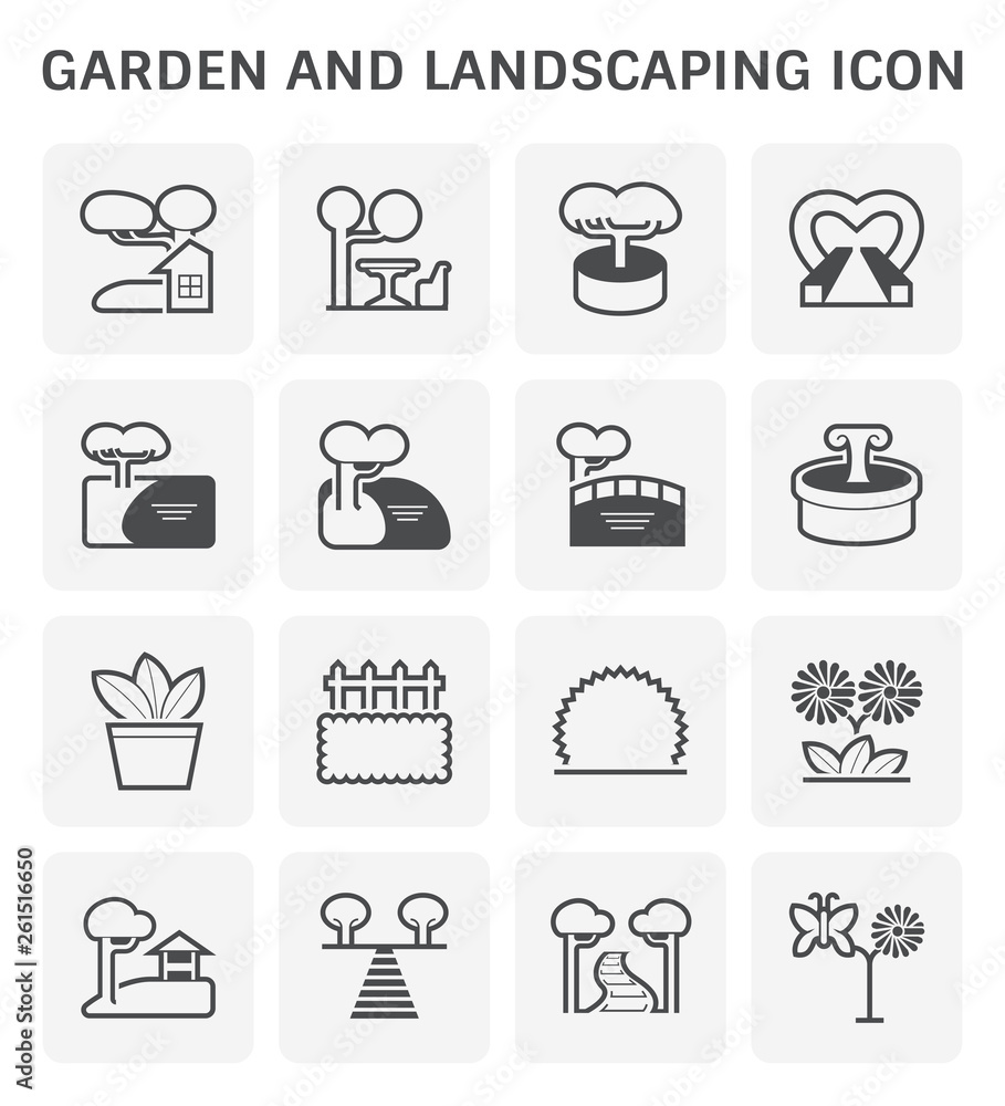 Garden and landscaping icon. Consist of ornamental and decoration object i.e. building, garden furniture, tree, bush, pond, bridge, fountain, pot, pavilion, walkway, flower and butterfly. Vector icon. Garden and landscaping icon. Consist of ornamental and decoration object i.e. building, garden furniture, tree, bush, pond, bridge, fountain, pot, pavilion, walkway, flower and butterfly. Vector icon.