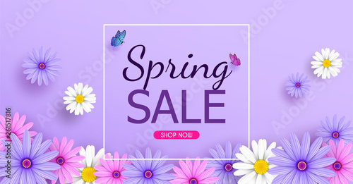 Spring Sale Banner background with beautiful colorful flowers are blooming.And use it as a banner or placard.And is used as an illustration or backdrop.