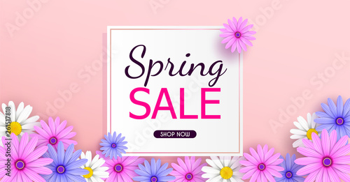 Spring Sale Banner background with beautiful colorful flowers are blooming.And use it as a banner or placard.And is used as an illustration or backdrop.