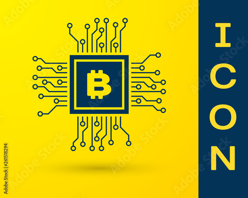 Blue CPU mining farm icon isolated on yellow background. Bitcoin sign inside processor. Cryptocurrency mining community. Digital money. Vector Illustration