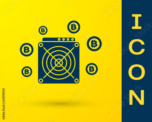 Blue ASIC Miner icon isolated on yellow background. Cryptocurrency mining equipment and hardware. Application specific integrated circuit. Vector Illustration