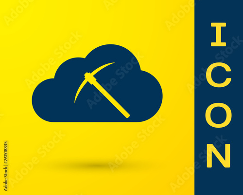 Blue Cryptocurrency cloud mining icon isolated on yellow background. Cloud with pickaxe, bitcoin, altcoins, digital money market, cryptocoin wallet. Vector Illustration