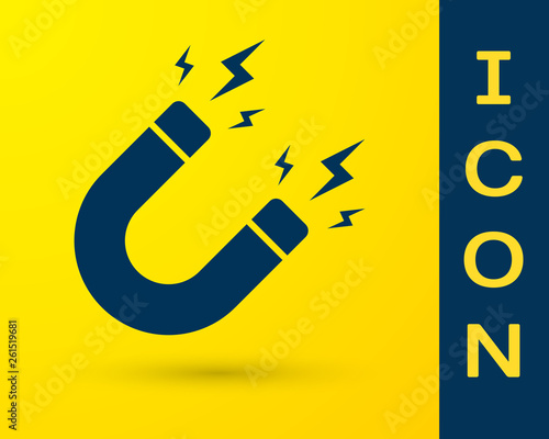 Blue Magnet with lightning icon isolated on yellow background. Horseshoe magnet, magnetism, magnetize, attraction sign. Vector Illustration