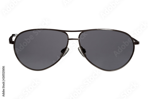 Stylish unisex sunglasses drop shaped on a white background. Front view.