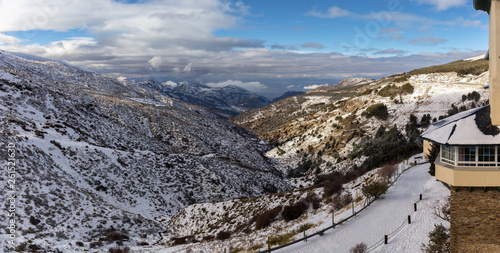 View from the winter resort of Borreguiles in the Sierra Nevada to the north over the snowy mountains