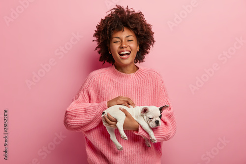 Glad Afro American woman with curly hairstyle, cuddles small puppy, being in high spirit, wears oversized pink jumper in one tone with background. Pet care and animals concept. Lovely member of family photo