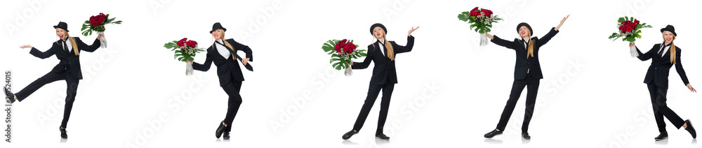 Businesswoman with bunch of flowers isolated on white Businesswoman with bunch of flowers isolated on white