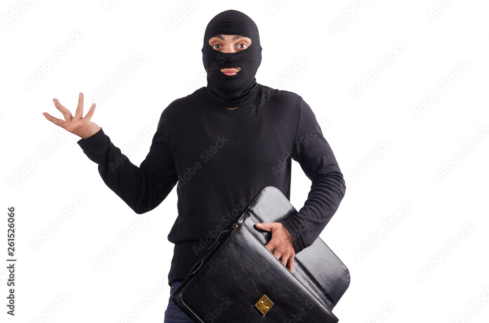 Male thief with suitcase isolated on white Male thief with suitcase isolated on white