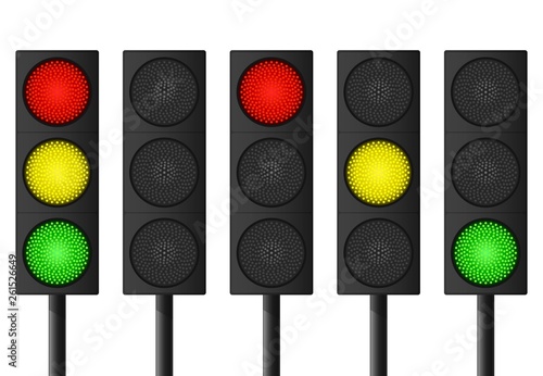 Set of modern led traffic lights with different sequence of switching. Showing red, yellow or green lights - Go, wait, stop.