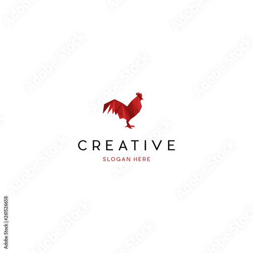 Polygonal Rooster on white background, Red Fire Rooster origami style vector icon. Art illustration with red cock.