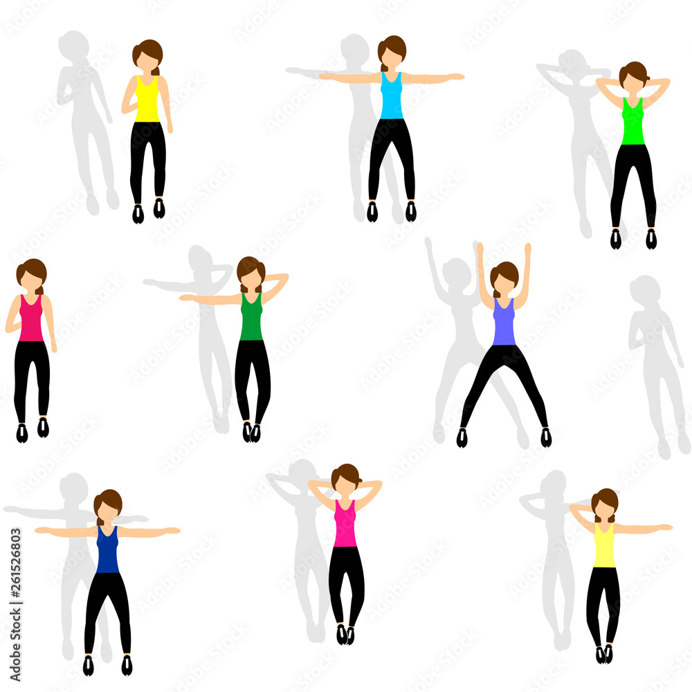 Seamless pattern with a woman jumping i the gym. Vector illustration of beautiful young girls with long shadow. Fitness background theme. Seamless pattern with a woman jumping i the gym. Vector illustration of beautiful young girls with long shadow. Fitness background theme.