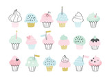 Set of cute vector cupcakes and muffins. Hand drawn birthday party icons. Greeting card, invitation, poster illustrations