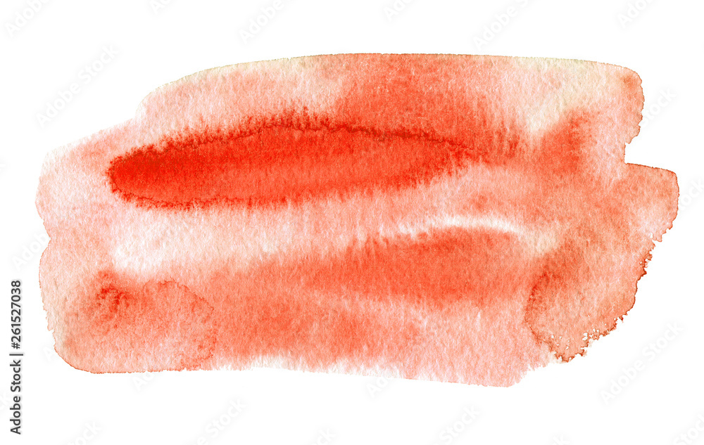 Red watery illustration.Abstract watercolor hand drawn image.Wet splash.White background.