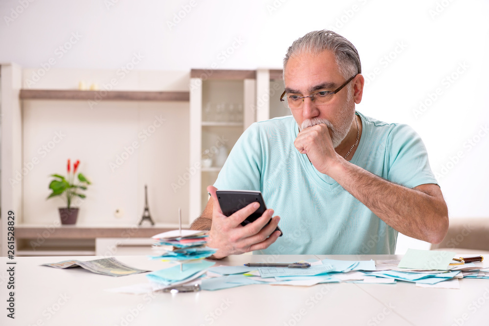 White bearded old man in budget planning concept White bearded old man in budget planning concept